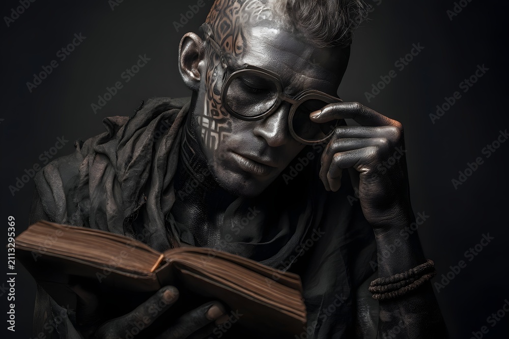 Fototapeta premium Elderly man reading book in dramatic low light with thoughtful expression