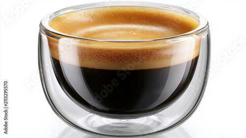 Delicious freshly brewed espresso coffee with rich golden brown crema in a modern clear double-walled glass cup, perfectly isolated on a pristine white background. This invigorating hot beverage is