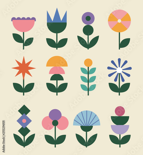 Scandinavian Folk Floral Collection with Retro Geometric Flowers and Botanical Vector Set