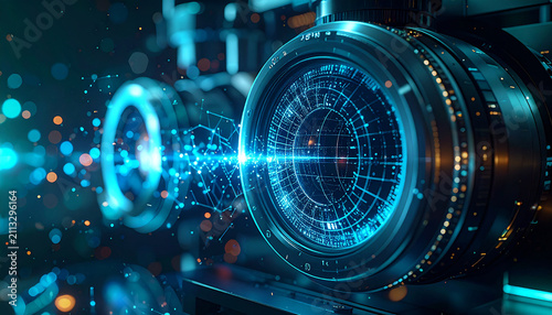 Futuristic Optical Lens with Digital Matrix: A close-up of advanced, glowing optical lenses with a digital matrix interface, projecting a beam of blue light and surrounded by bokeh effects.