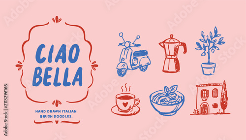 Hand Drawn Italian Travel Doodles Collection with Vespa, Coffee and Architecture Vector Set