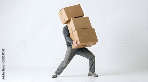 Delivery man struggling to carry a heavy stack of three cardboard boxes isolated on white background