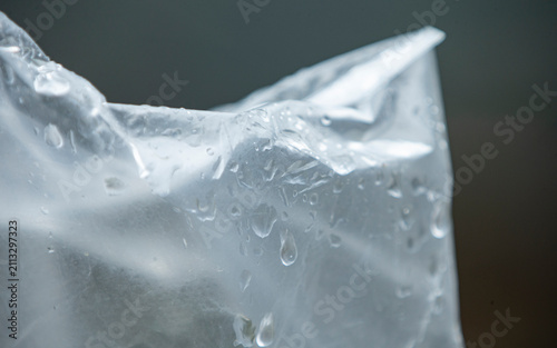 Close up of transparent plastic bag texture with fresh water drops.Close-up abstract shot of a crumpled clear plastic bag covered in fresh water droplets and condensation.