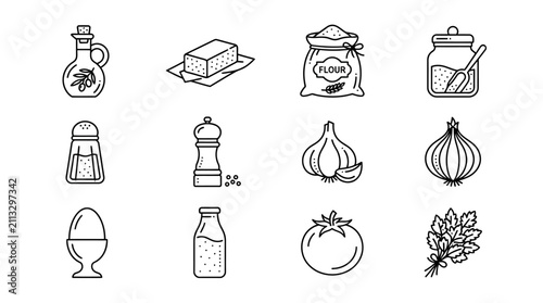Foto Flat Design Icon Set of Kitchen Ingredients and Tools.