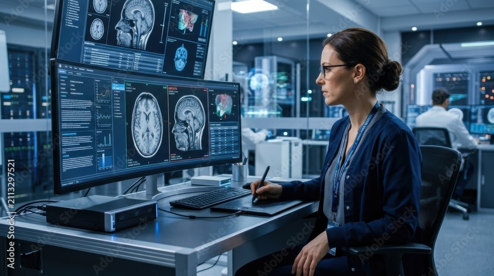 Fototapeta premium Medical Professional Analyzing Brain Scans On Multiple High-Tech Displays