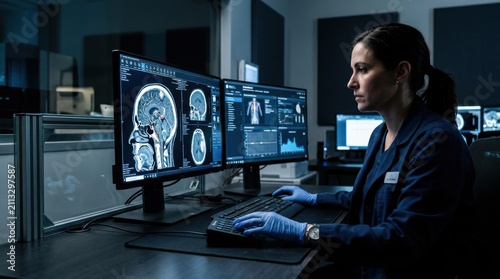 Medical Professional Analyzing Brain Scans On Computer Screens In A Modern Laboratory