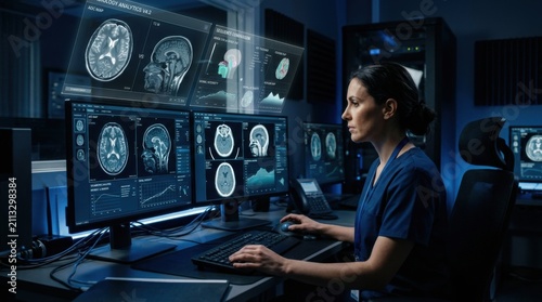 Medical Professional Analyzing Brain Scans On Futuristic Monitors In Dimly Lit Lab