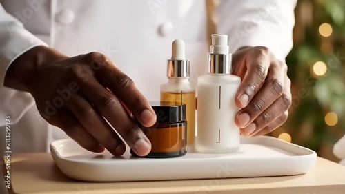 Skincare products on white tray.