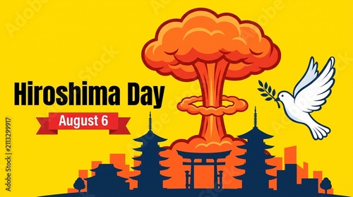 Hiroshima Day flat vector design on August 6 with a peace dove holding branch near explosion