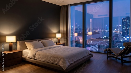 Modern bedroom with city skyline view at dusk with ambient lamp lighting and luxurious bedding