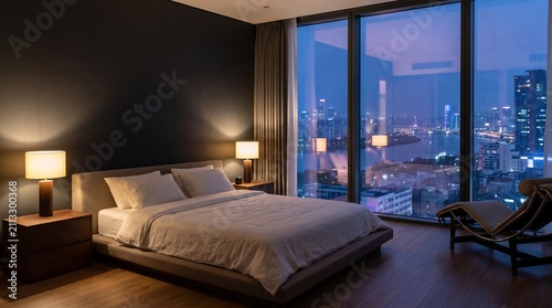 Modern bedroom with city view at night in warm lamplight and twilight blue sky
