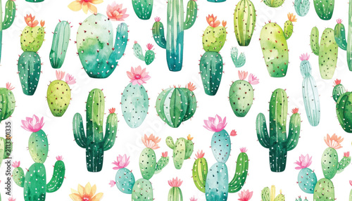 Watercolor Cactus Illustration with Pink and Yellow Flowers, Seamless Pattern