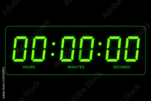 Green digital clock showing zero time. Electronic timer with glowing digits as countdown symbol for Green Monday sale. Concept of deadline, urgency and limited time offer for shopping.