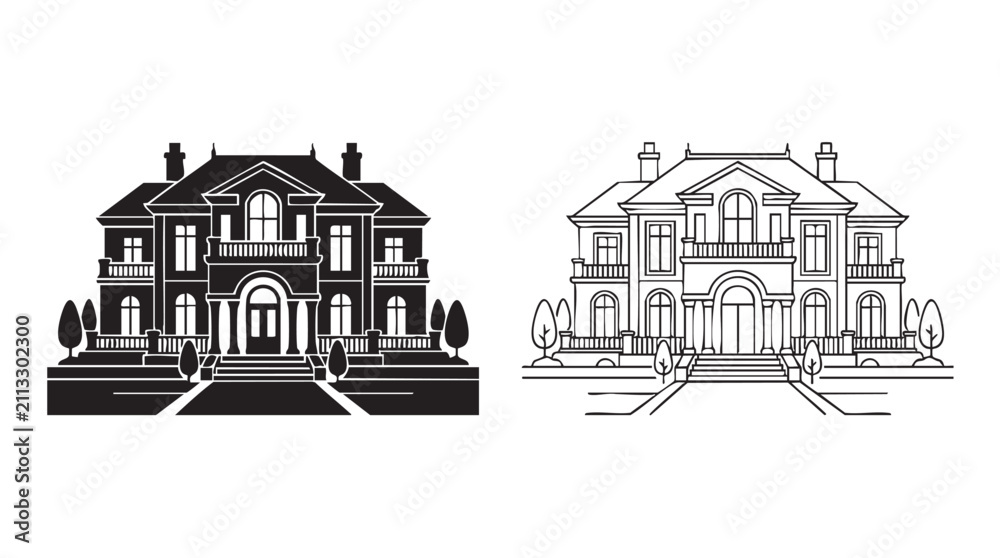 Obraz premium mansion exterior black silhouette with line art vector design