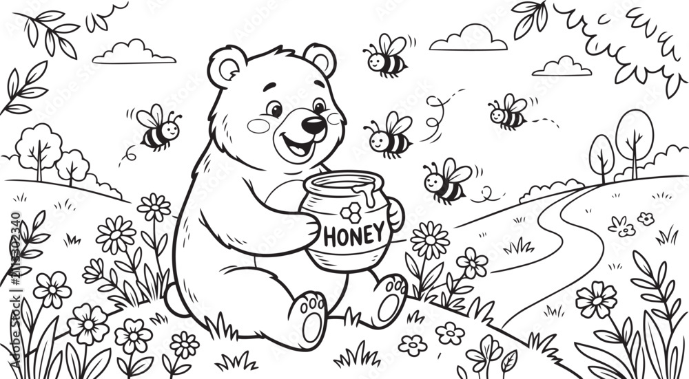 Fototapeta premium Cute Bear with Honey Coloring Page – Black and White Cartoon Bear Outline in Nature for Kids Printable