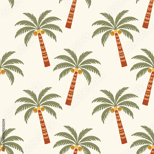 Seamless Tropical Palm Tree Pattern with Coconuts and Decorative Trunks, Vintage Botanical Repeat Design on Cream Background for Fabric, Wallpaper, Textile and Surface Print.