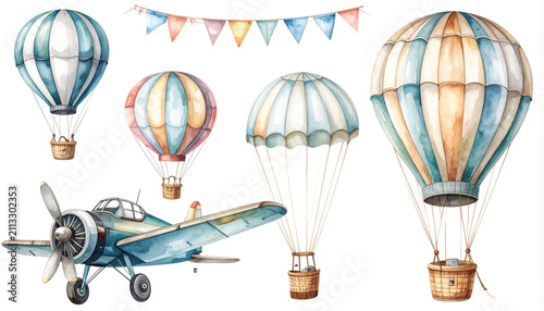 Watercolor Illustration of a Vintage Airplane Cockpit and Propeller with Basket