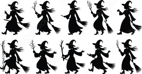 Foto Halloween witch silhouette collection riding broomsticks with magical poses, spo