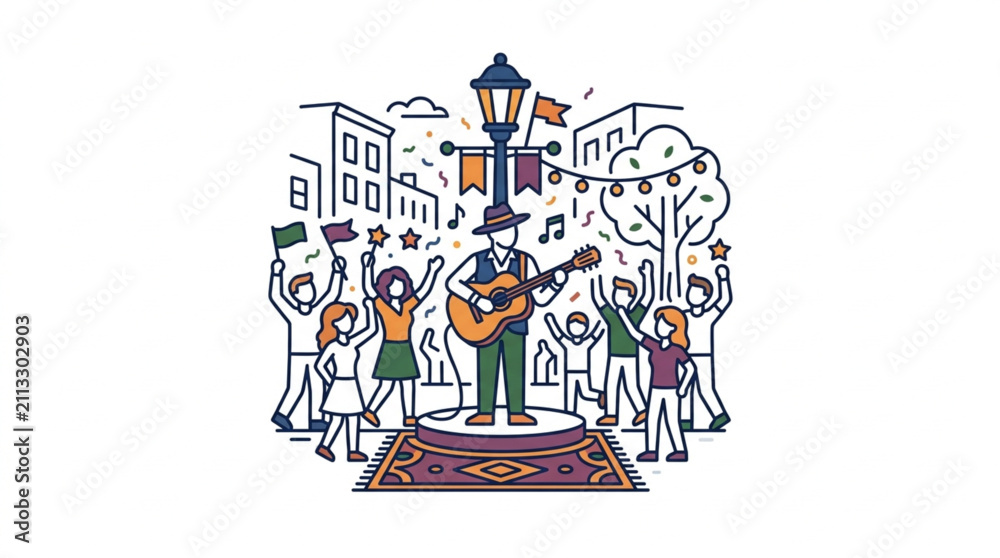 Fototapeta premium Street musician performing for happy crowd illustration.
