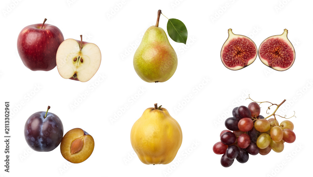 Obraz premium six autumn fruits with apple, pear, fig, plum, quince and grapes