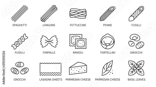 Bild auf Leinwand Hand Drawn Black and White Pasta and Cheese Icons Set.