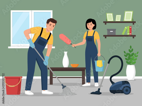 Professional Cleaning Service Team Working in Modern Living Room Illustration