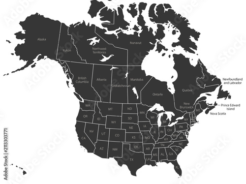 North America Map with US States and Canada Provinces Dark Minimalist Style