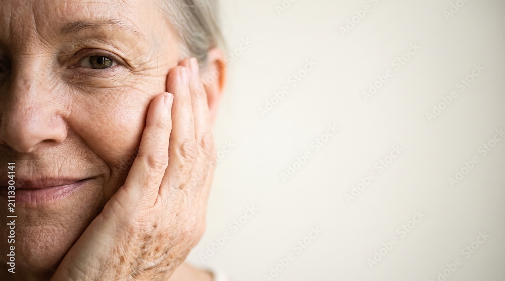 Fototapeta premium Extreme close-up of mature womans hand resting on her own cheek, silver hair and natural aging skin with copy space