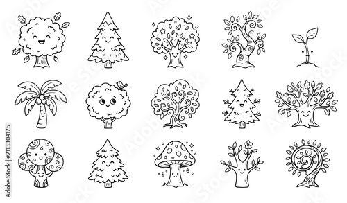 Set of cute hand drawn cartoon trees and plants with happy faces in black and white line art style
