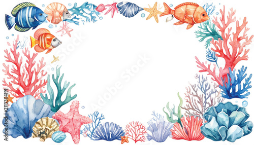 Watercolor Underwater Scene: Vibrant Corals, Seashells, and Starfish