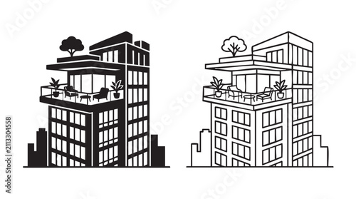 Bild auf Leinwand black silhouette with line art vector design of penthouse buildings with rooftop