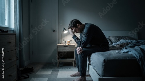 Man Sitting On Edge Of Bed At Night With Head In Hands