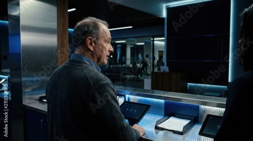 Mature Man At Modern Reception Desk Interacts With Technology