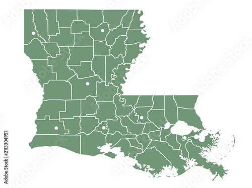 Louisiana State Map with Parish Boundaries Green Graphic