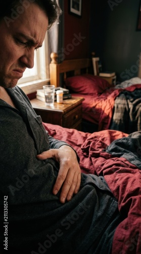Man Feeling Discomfort In Bed Morning Light Low Mood Depression Feeling Unwell