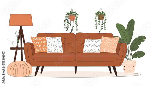 Cozy Modern Living Room Corner with Armchair, Ottoman, and Plant