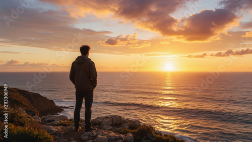 Uomo sulla scogliera osserva tramonto sull oceano tra libertà e solitudine
