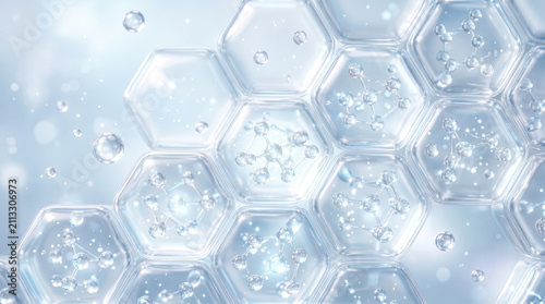 六角形の細胞分子とみずみずしい水滴のスキンケア用ヒアルロン酸とコラーゲンのイメージ