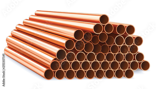 Copper pipes, metallic tubes, industrial material, construction, plumbing, abstract background, smooth surface, reflections, engineering, manufacturing.