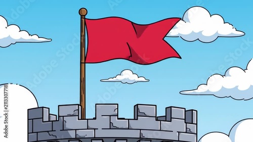 A red flag waving on a stone tower against a blue sky with white clouds in cartoon style.
