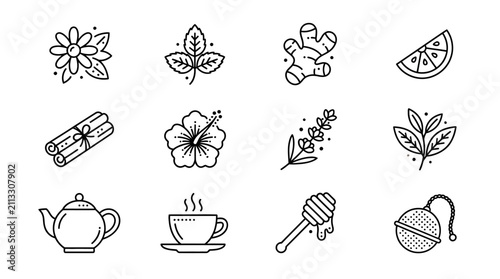 Foto Hand Drawn Herbal Tea and Spice Line Art Icons.
