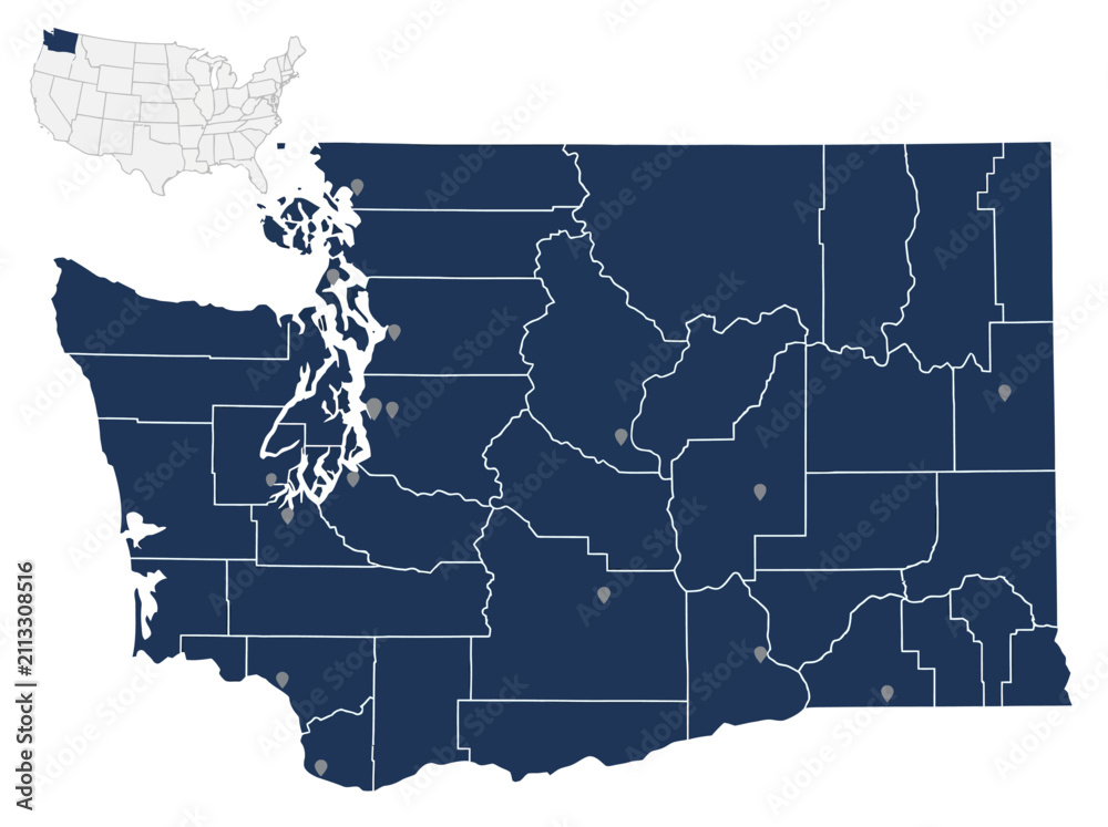 Fototapeta premium Washington State Map with County Borders and Location Pins