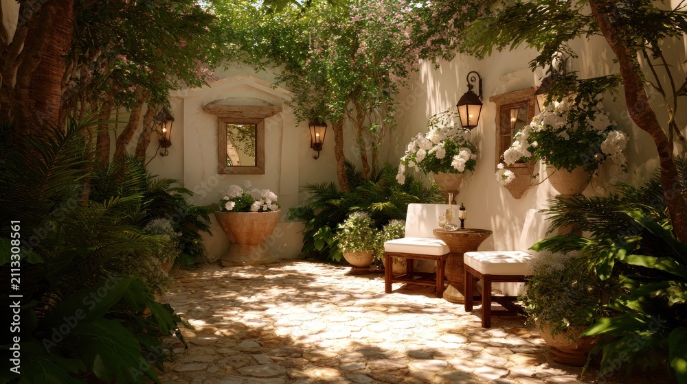 Fototapeta premium Sunlit Courtyard Oasis with Lush Greenery and Elegant Seating.