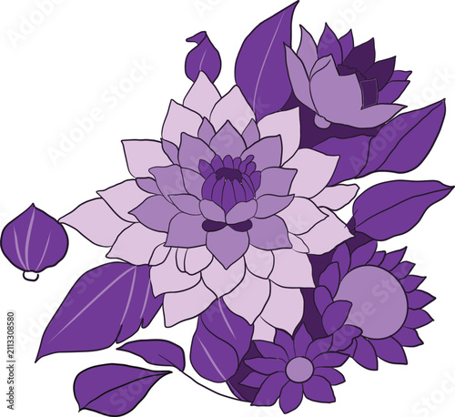Elegant Purple Floral Bouquet with Blooming Flowers and Leaves Vector Illustration