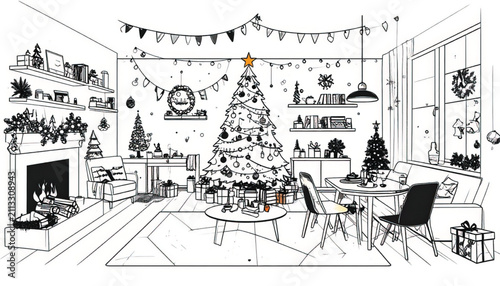 Cozy Winter Fireplace Scene with Logs and Christmas Tree Silhouette