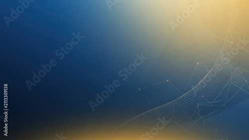 Sfondo astratto tecnologico blu e oro con linee di connessione e rete digitale