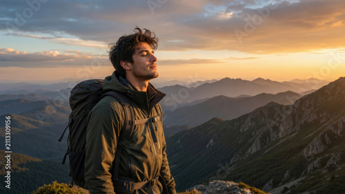 Escursionista sulla vetta della montagna che respira l aria pura al tramonto