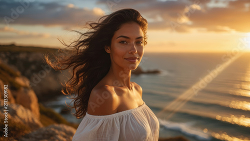 Bella ragazza con capelli al vento e abito bianco panoramica costiera all'alba