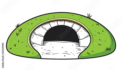 Cute cartoon green slime blob with grass elements and black outline, vector illustration