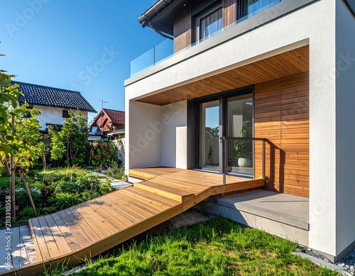 Modern house exterior with accessible wooden ramp and contemporary residential architecture